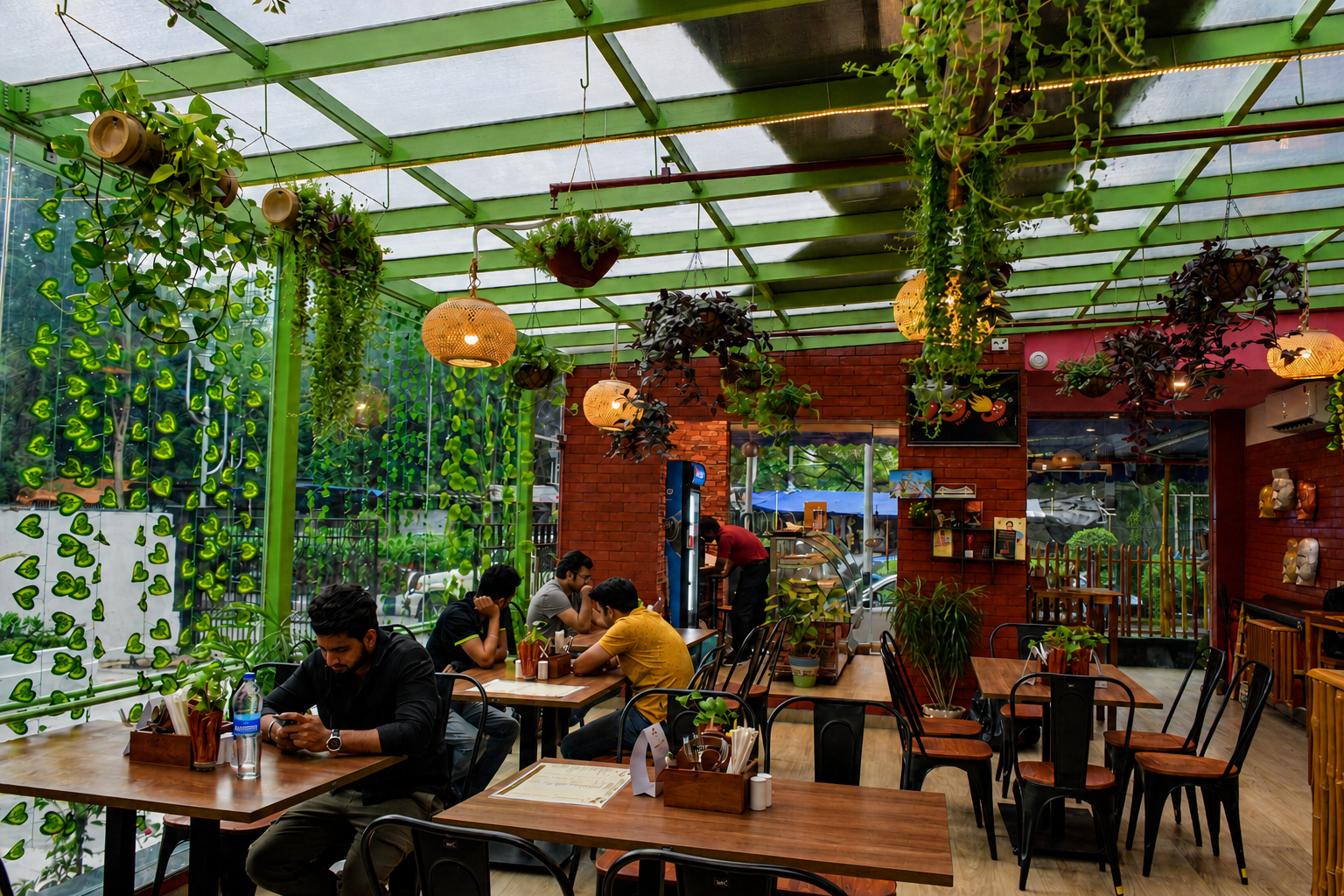Glass-roofed seating area filled with greenery
